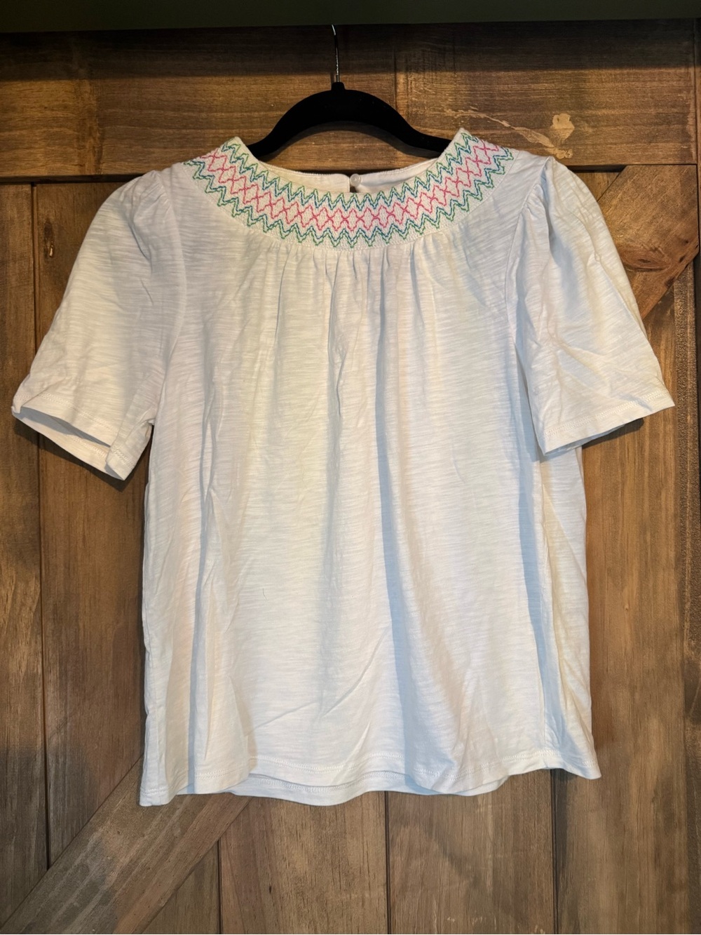 Boden White Short Sleeve Top with Pastel Smocked Neck
